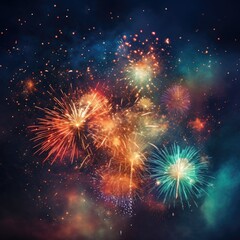Beautiful colorful fireworks on a dark background. New Year celebrations. Generative AI.