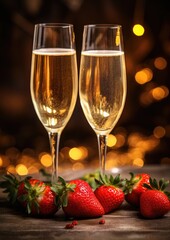 Champagne glasses with strawberries ready for New Year celebrations. Generative AI.