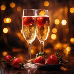 Champagne glasses with strawberries ready for New Year celebrations. Generative AI.