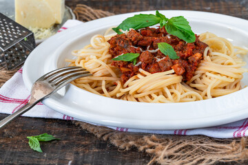 Vegetarian meat free spaghetti bolognese with quorn mince