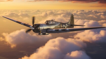 Old airplane flying in the clouds at sunset. Military Concept. WW2 Air Force concept. WWII Concept. Military Concept. WW2 Air Force concept.