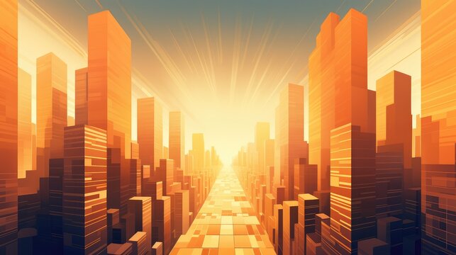 Skyscrapers symmetrical art background at golden hour