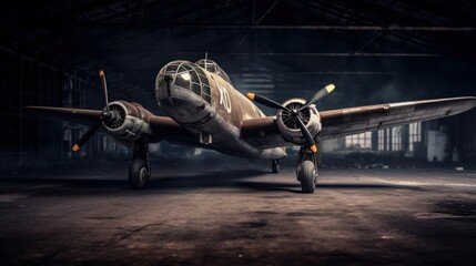 Old war airplane in an abandoned factory. WWII Concept. Military Concept. WW2 Air Force concept. - obrazy, fototapety, plakaty