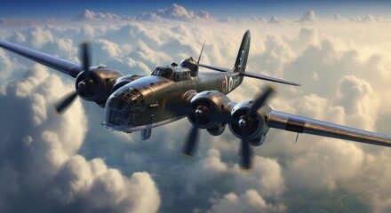 Military aircraft flying in the clouds. 3D illustration. WWII Concept. Military Concept. WW2 Air Force concept.