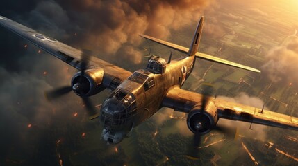 3D Illustration of an old military airplane flying in the sky. WWII Concept. Military Concept. WW2 Air Force concept. - obrazy, fototapety, plakaty