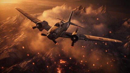 3D Illustration of an old military airplane flying in the sky. WWII Concept. Military Concept. WW2 Air Force concept. - obrazy, fototapety, plakaty