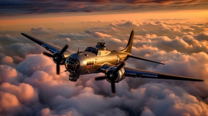 3D Illustration of a military aircraft flying over the clouds. WWII Concept. Military Concept. WW2 Air Force concept. - obrazy, fototapety, plakaty