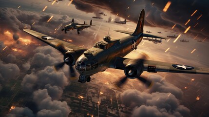 3D Illustration of an old military airplane flying in the sky. WWII Concept. Military Concept. WW2 Air Force concept.