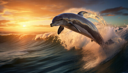 Bottlenose Dolphin Jumping Through The Waves - obrazy, fototapety, plakaty