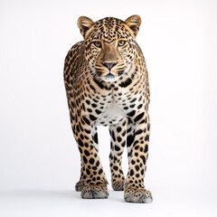 A Panthera pardus, or leopard, stares intently at the lens against a pristine white backdrop.