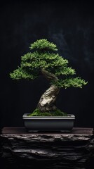 a bonsai tree in a black ceramic pot against a black vertical background.
