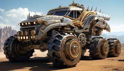 Fototapeta na wymiar Combine monster truck power with steampunk aesthetics. Use gears, cogs, and brass elements to give the truck a mechanical and retro-futuristic look