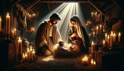 Obraz na płótnie Canvas Nativity scene featuring Baby Jesus, Mary, and Joseph, the Holy Family,
