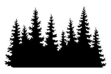 Obraz premium Fir trees silhouettes. Coniferous spruce horizontal background patterns, black evergreen woods illustration. Beautiful hand drawn panorama with treetops forest. Black pine woods