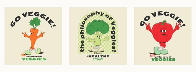 set of vegatarian prints, stickers for T-shirts, bags isolated on a white background Groovy characters: funny broccoli, carrots, peppers.Vector illustration in retro style of old comics of the 50s-60s - obrazy, fototapety, plakaty