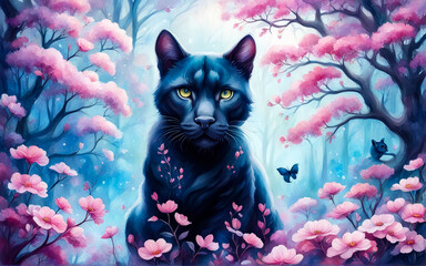 The Black Panther. Fantastic landscape in pink and blue tones.. Watercolor. AI