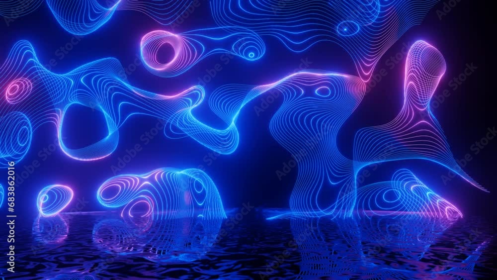 Poster neon design of blue pattern wall in motion. 4k video with various neon elements and a reflecting flo