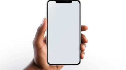 Hand holding a blank smartphone screen on a white background.