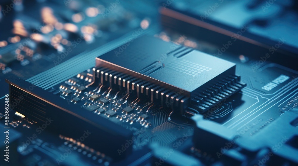Poster close-up of electronic components on a motherboard in a computer.
