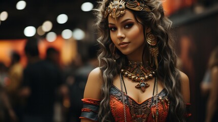 A woman in a costume with long hair, portraying a character.