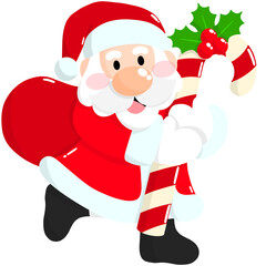 Santa with the gift bag holding a holly candy cane