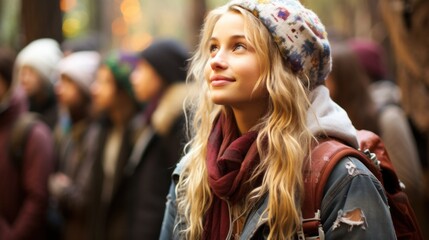 Obraz premium A girl wearing a hat and scarf stands out in a crowd of people, showcasing her unique style and individuality.