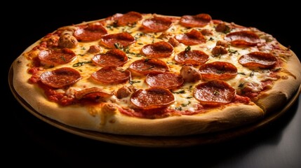 Generate an image highlighting a classic pepperoni and sausage pizza with a golden-brown crust