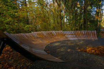 2023-11-18 A CIRCLE WOODEN RAMP FOR A COMMUNITY BMX TRACK IN A WOODED PARK WITH FALL LEAVES ON...