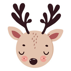 cute reindeer head with horn cartoon character vector illustration. flat design.