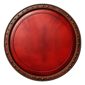 A round leather patch on the white background, in the style of dark red