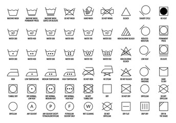 Laundry icons set. Care clothes instructions on labels, machine or hand washing signs collection. Water, ironing and drying temperature symbols collection, textile and fabric types - obrazy, fototapety, plakaty