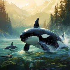 Washable wall murals Orca orca in water landscape