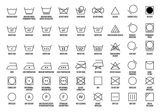 Laundry icons set. Care clothes instructions on labels, machine or hand washing signs collection. Water, ironing and drying temperature symbols collection, textile and fabric types