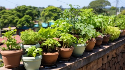 Many pots of herbs neatly arranged on a wall, showcasing a variety of aromatic plants.
