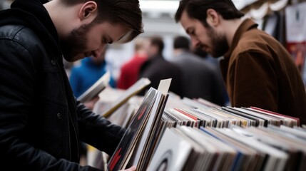 People browsing vinyl records at a record fair discover a collection of music albums. - obrazy, fototapety, plakaty