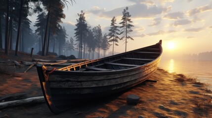 Serene sunset scene with boat on lake shore.