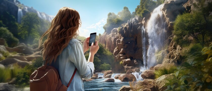 Woman taking photo of waterfall with smartphone. Nature and technology.