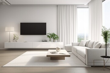 White sofa and tv unit in spacious room. Luxury home interior design of modern living room, panorama