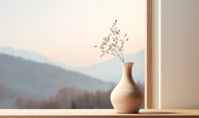 Fototapeta na wymiar Stunning 3D Wooden Vase Model Basking in Natural Window Light Generative AI