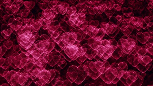 Flow many falling glow pink red hearts on black abstract background animation. Red hearts for romantic background,St.Valentines Day. 