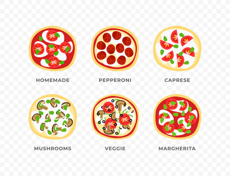 Set, collection of vector assorted whole pizza. Vector illustration of italian pizza