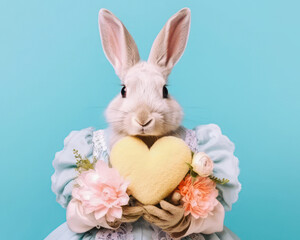 Obraz premium Cute little white Easter bunny dressed in a human outfit with a heart in his hand. Pastel blue background.