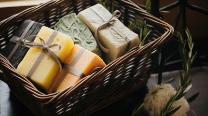 A basket of handcrafted soap bars made from natural ingredients, free of plastic packaging - obrazy, fototapety, plakaty