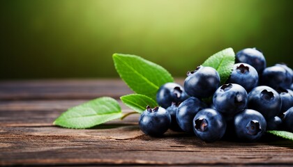 Fresh blueberries with green leaves on old wooden table, closeup