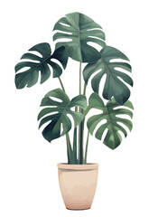 Colorful watercolor painting of a Monstera plant in a pot. Vibrant green leaves and artistic details. Nature-inspired artwork. Generative AI.