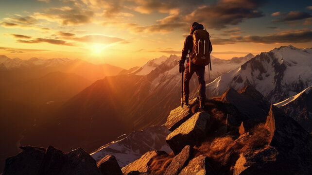 breathtaking shot of a solo hiker conquering a rugged mountain peak at sunset.
