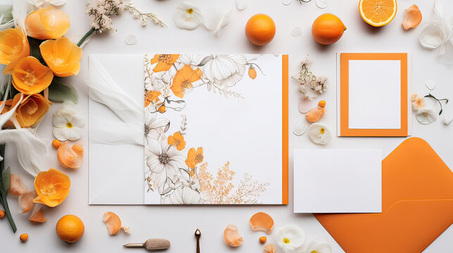 Wedding invitations with flower illustrations, in orange yellow and white colors, envelope invitation to a party or celebration