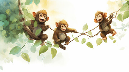 funny monkey swinging on a liana plant. - obrazy, fototapety, plakaty