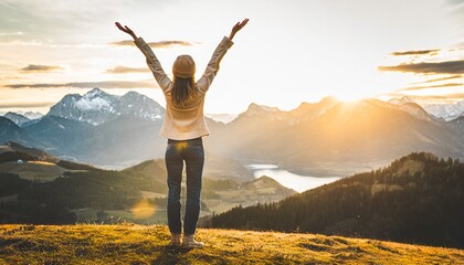 Success story: A woman on top of the mountain with arms open to a welcoming new day with sunrise success.  Generative Ai
