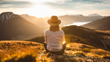 Travel lifestyle: Young beautiful woman with hat sitting on mountain peak and enjoys the view into the valley. generative ai